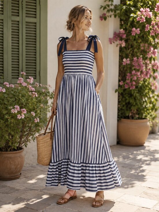 Summersalt Dresses & Skirts - Summersalt Smocked Maxi Dress M Nautical Stripe Blue Mountain Bow Tie